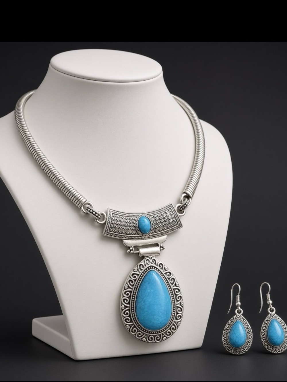Silver-Tone Blue Teardrop Pendant Necklace with Matching Earrings